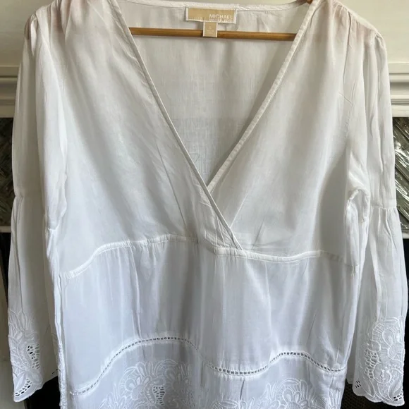 NWOT MICHAEL Michael Kors CRISP WHITE Embroidered LACE V-NECK Cotton BLOUSE L - Picture 8 of 17